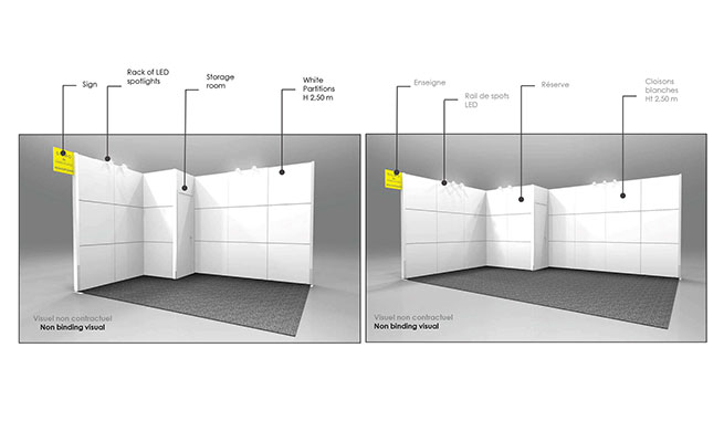 Infographie d'un stand équipé de 12m² et de 24m²