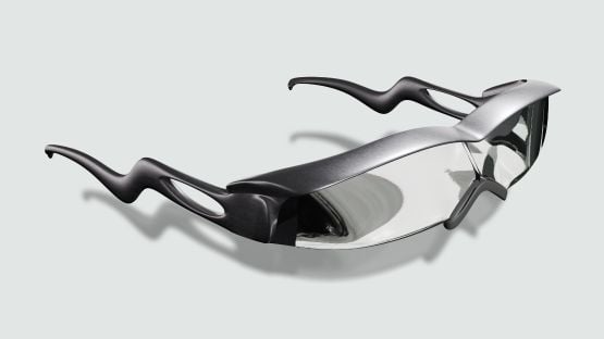 Visor-style glasses inspired by superheroes, with a fluid and organic design